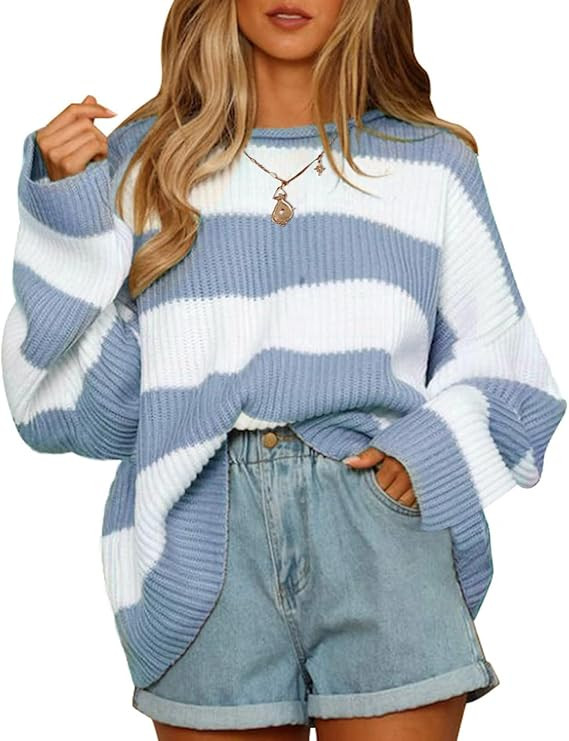 ZESICA Women's Fall Long Sleeve Crew Neck Striped Color Block Comfy Loose Oversized Knitted Pullo... | Amazon (US)