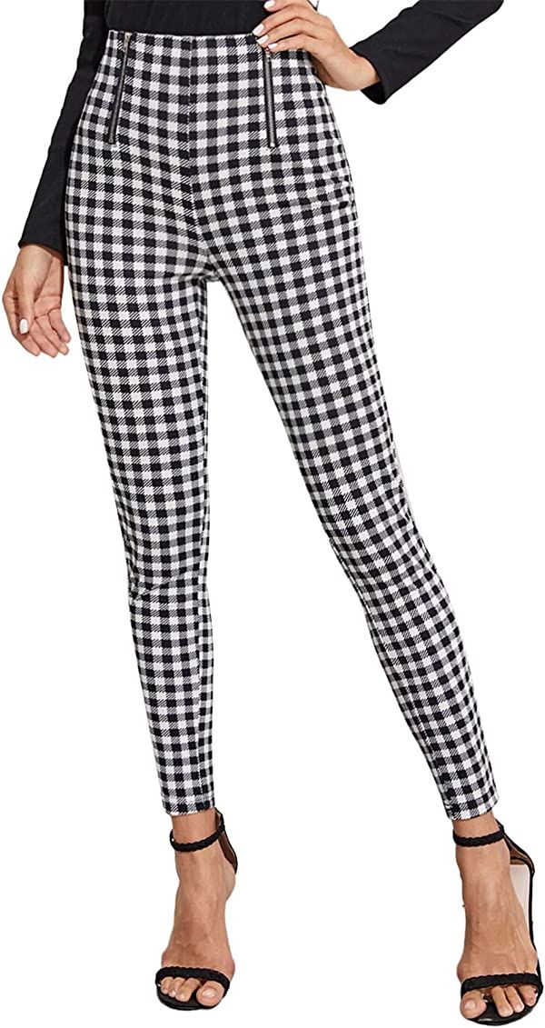 WDIRARA Women's Plaid Zip Front Skinny Pants Stretchy Work Gingham Leggings | Amazon (US)