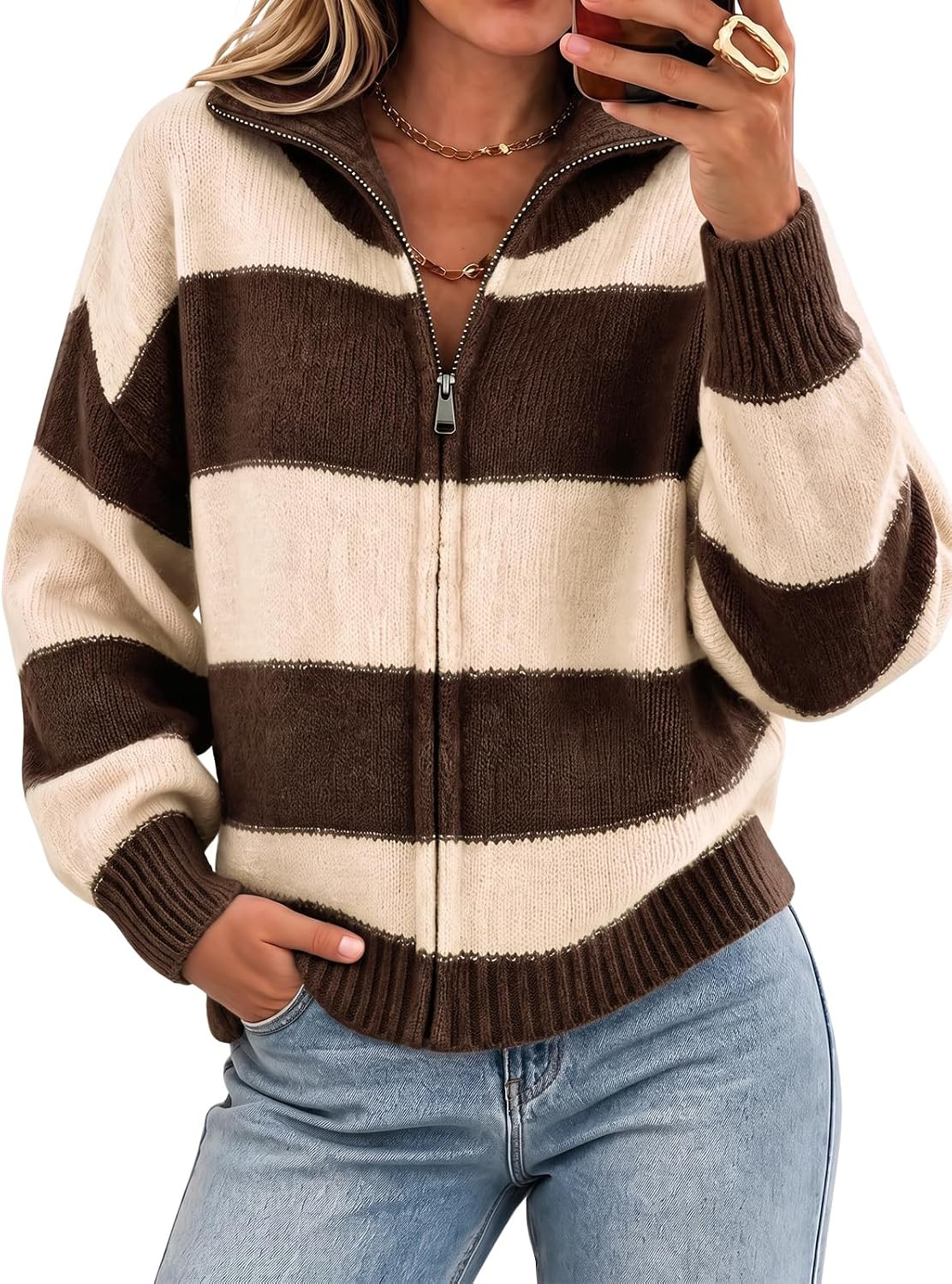 Cicy Bell Women Striped Color Block Cardigan Zip Long Sleeve Knit Sweater | Amazon (US)