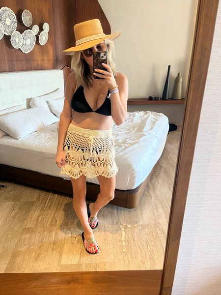 Crochet mini skirt cover up from Amazon. Great little beach cover up. 

Black two piece Amazon suit I ordered two of these (XL top; small bottoms). 

High / low fashion- Gucci slides via The Real Real 

#LTKstyletip #LTKtravel #LTKswim