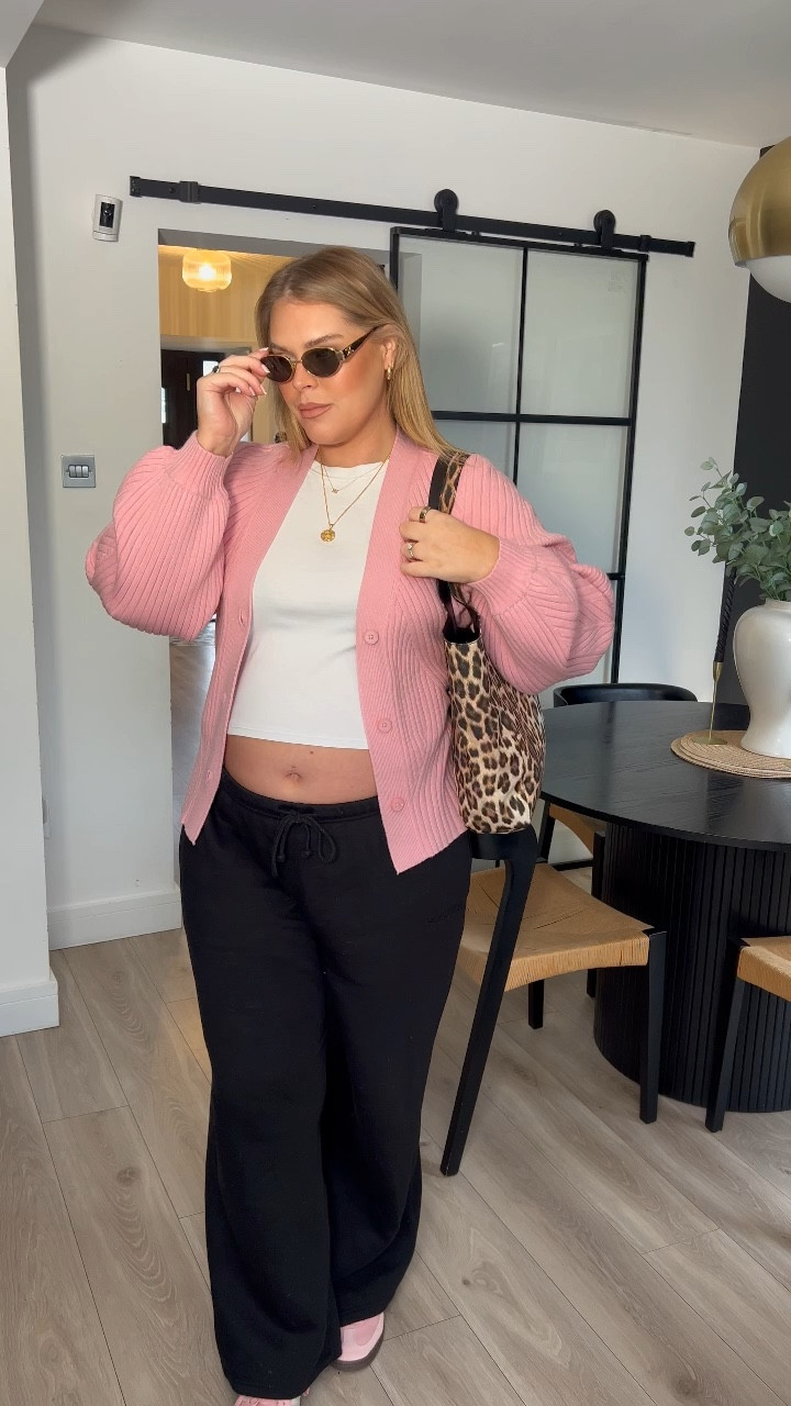 Maternity outfit. OOTD. Casual style. Pregnant fashion. Black joggers. Pink adidas spezials. Leopard print bag. Quilted coat. Transitional style. Curve style. Size 18 style. 

#LTKcurves #LTKstyletip #LTKuk
