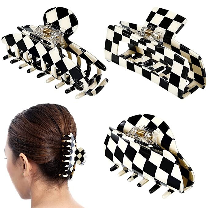 3 Piece Vintage Large Claw Clips Checkered Hair Clip Black and White Lattice Hair Barrettes Pin T... | Amazon (US)