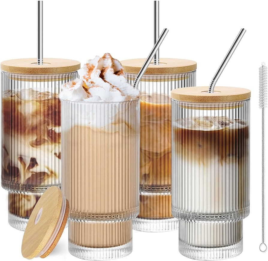 16oz Glass Cups with Lids and Straws - 4 Pack Iced Coffee Cups, Clear Tumbler with Bamboo Lid & S... | Amazon (US)
