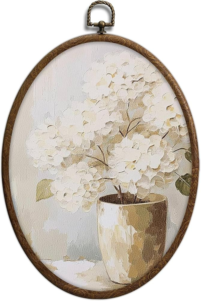 Vintage White Hydrangea Oval Wall Art, Spring Floral Flowers Oval Framed Wall Art, Waterproof Cot... | Amazon (US)