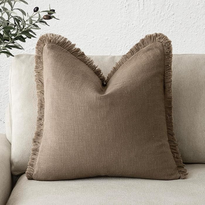 Foindtower Decorative Linen Fringe Throw Pillow Covers Cozy Boho Farmhouse Cushion Cover with Tassels Soft Accent Pillowcase for Chair Sofa Bed Living Room Home Decor, 22×22 Inch, 1PC, Light Brown | Amazon (US)
