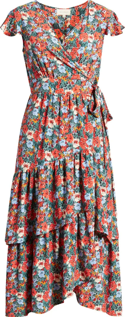 MELLODAY Floral Print Flutter Sleeve Faux Wrap Midi Dress | Nordstrom | Nordstrom