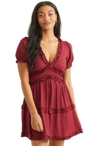 ALTAR'D STATE Women's Short Sleeve Dress, V-Neck Casual Summer and Fall Short Length, Burgundy Dress, Medium | Amazon (US)