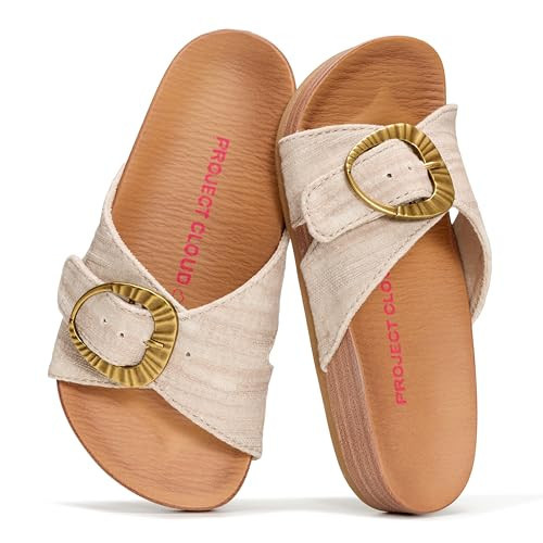 Project Cloud Girls Sandals - Adjustable Buckle Girls Slides with Plush and Soft Insole Kids Sandals - Non-Slip and Lightweight Slides for Kids (Beaming Kids) (WHITESANDS, 2) | Amazon (US)