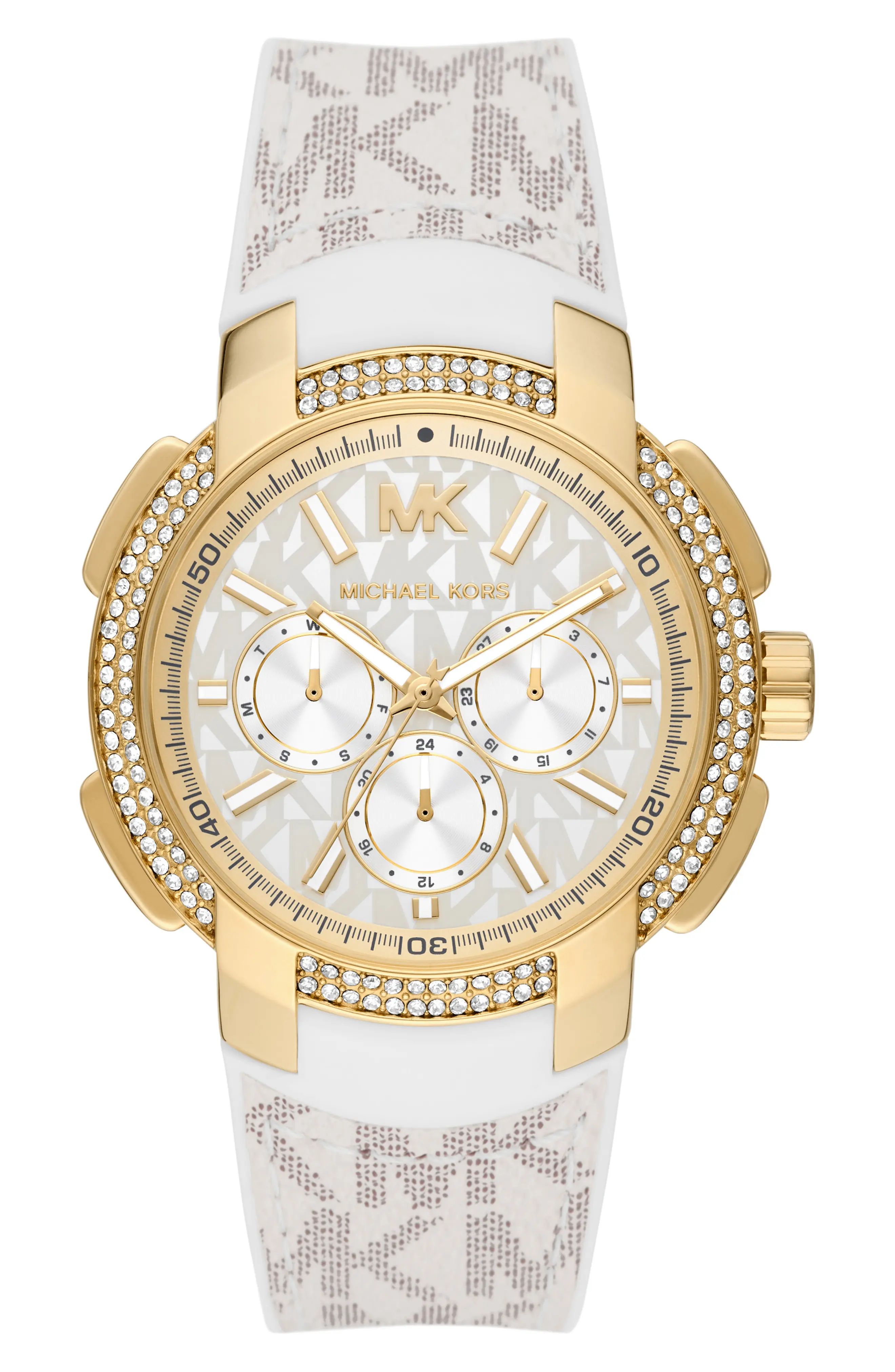 MICHAEL Michael Kors Sidney Chronograph Pave Bezel Canvas Strap Watch, 42mm in White at Nordstrom | Nordstrom