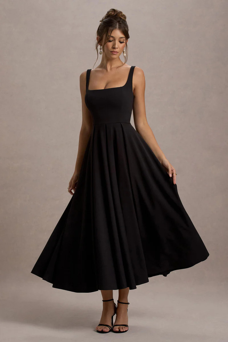 Parina | Black Strappy Volume-Hem Midi Dress | Club L London
