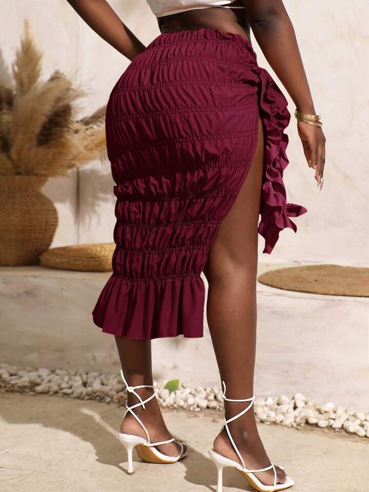 SHEIN Swim Women's Knit Textured Skirt With Side Knot Detail, Medium Length, For Summer Beach Vac... | SHEIN