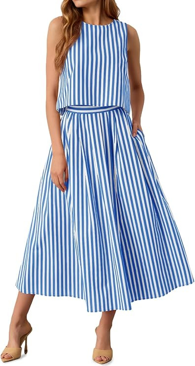 Tankaneo Womens 2 Piece Skirt Sets Summer Striped Sleeveless Tank Tops Midi Dress Travel Vacation... | Amazon (US)