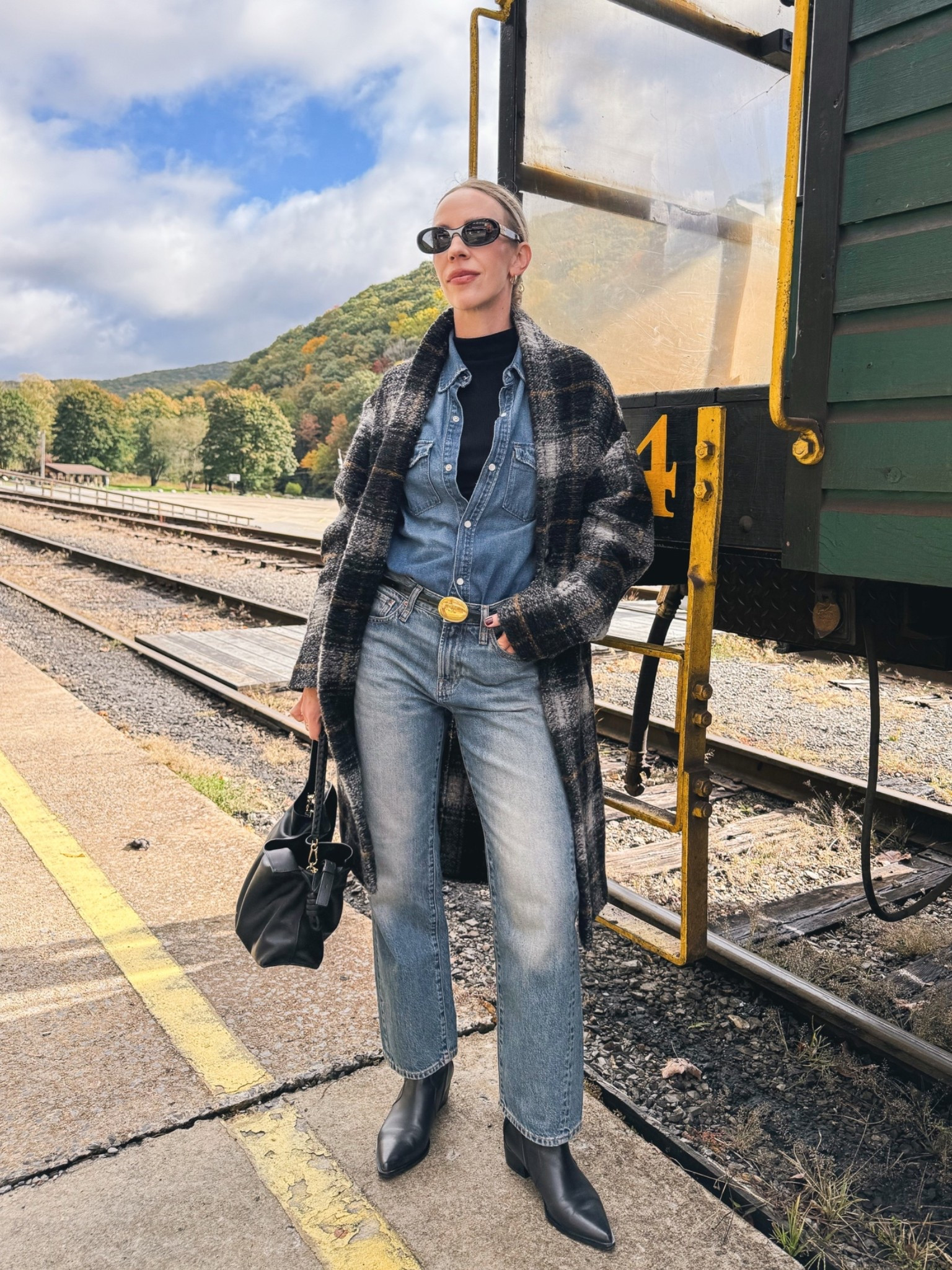 Plaid wool coat fall outfit, denim on denim, metal plaque belt outfit, all denim outfit