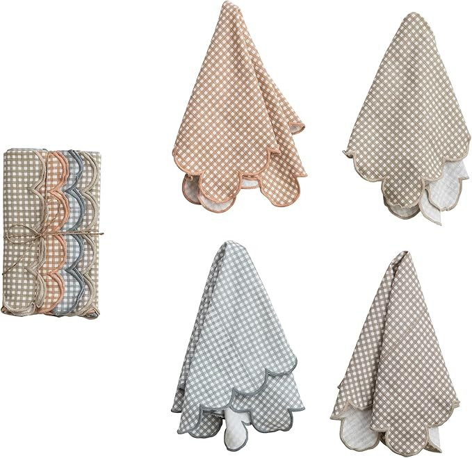 Creative Co-Op 4-Piece Cotton Printed Scalloped Napkin Set with Check Pattern, Multicolor | Amazon (US)