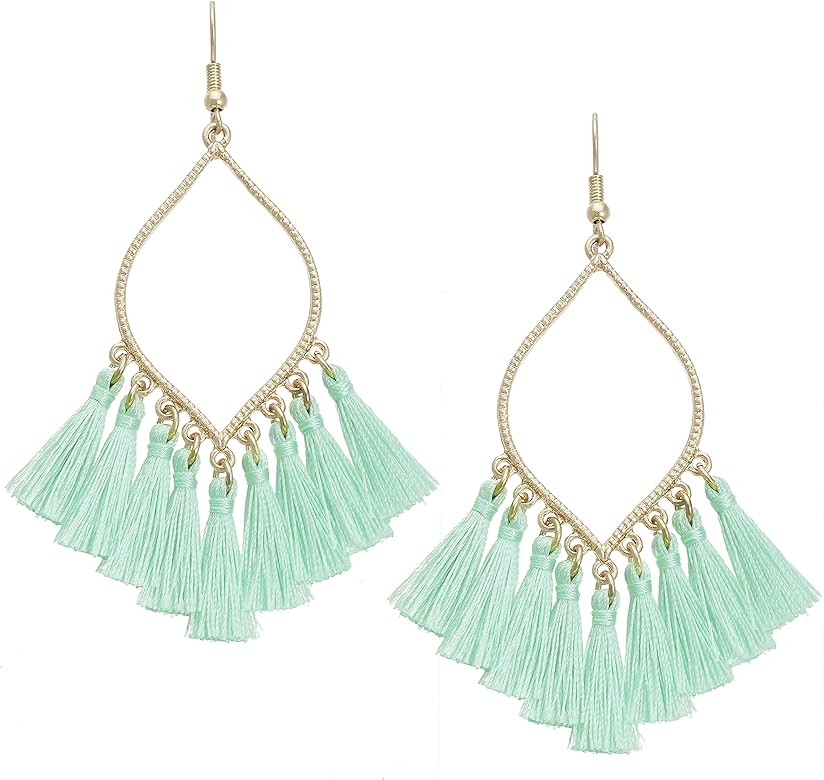 Boho Rhombus Metal Frame with Tassels Dangle Drop Earrings for Women | Amazon (US)
