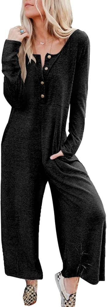 Amazon.com: Happy Sailed Casual Knit Jumpsuits for Women Loose Button Front Long Sleeve Romper High  | Amazon (US)