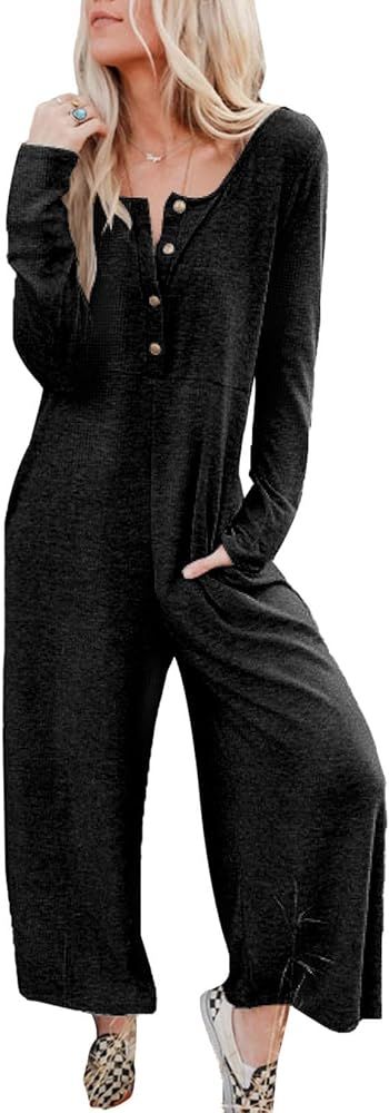 Amazon.com: Happy Sailed Casual Knit Jumpsuits for Women Loose Button Front Long Sleeve Romper High  | Amazon (US)