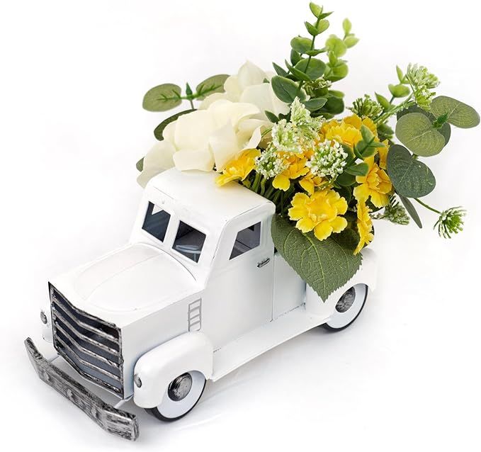 Spring White Truck Decor, Vintage Metal Pickup with Artificial Daisy Hydrangea Eucalyptus Farmhou... | Amazon (US)