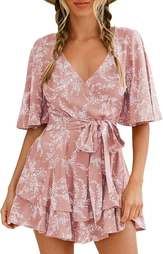 AIMCOO Womens Summer Short Flared Sleeve Romper V Neck Floral Print Jumpsuit Waist Tie Layer Ruff... | Amazon (US)