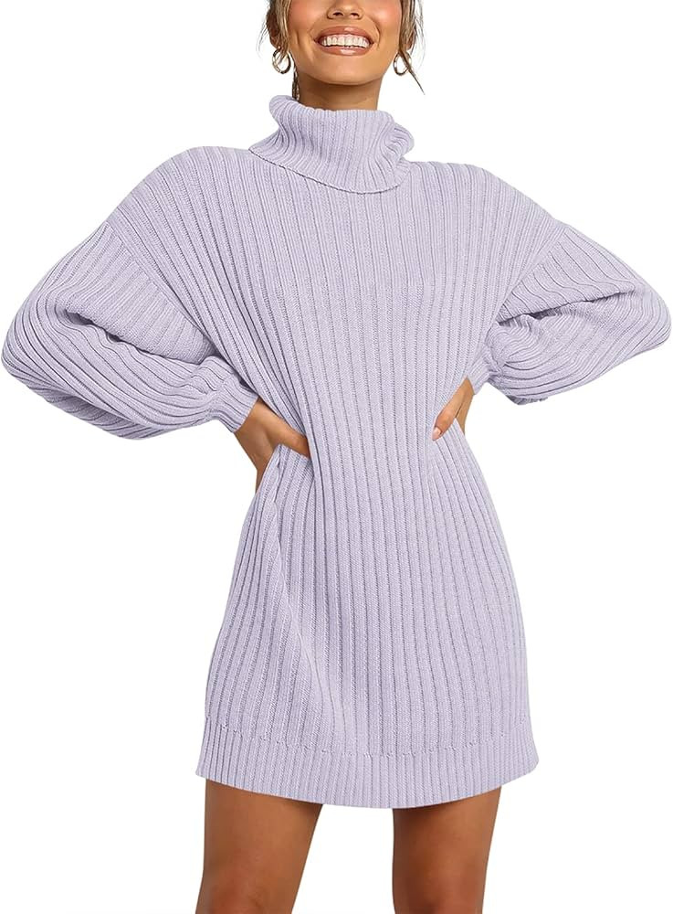 ANRABESS Women Turtleneck Long Lantern Sleeve Casual Loose Oversized Sweater Dress Soft Winter Pu... | Amazon (US)