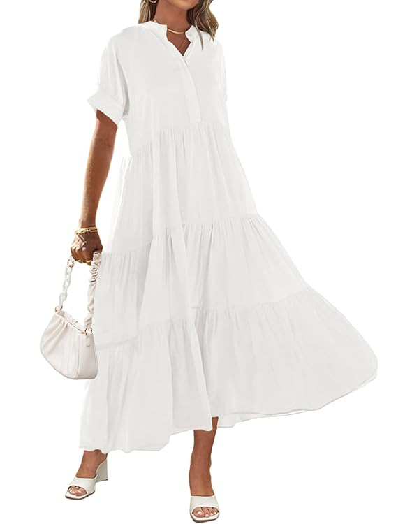MEROKEETY Women Short Sleeve Summer Dress Button Down V Neck Ruffle Tiered Maxi Dresses | Amazon (US)
