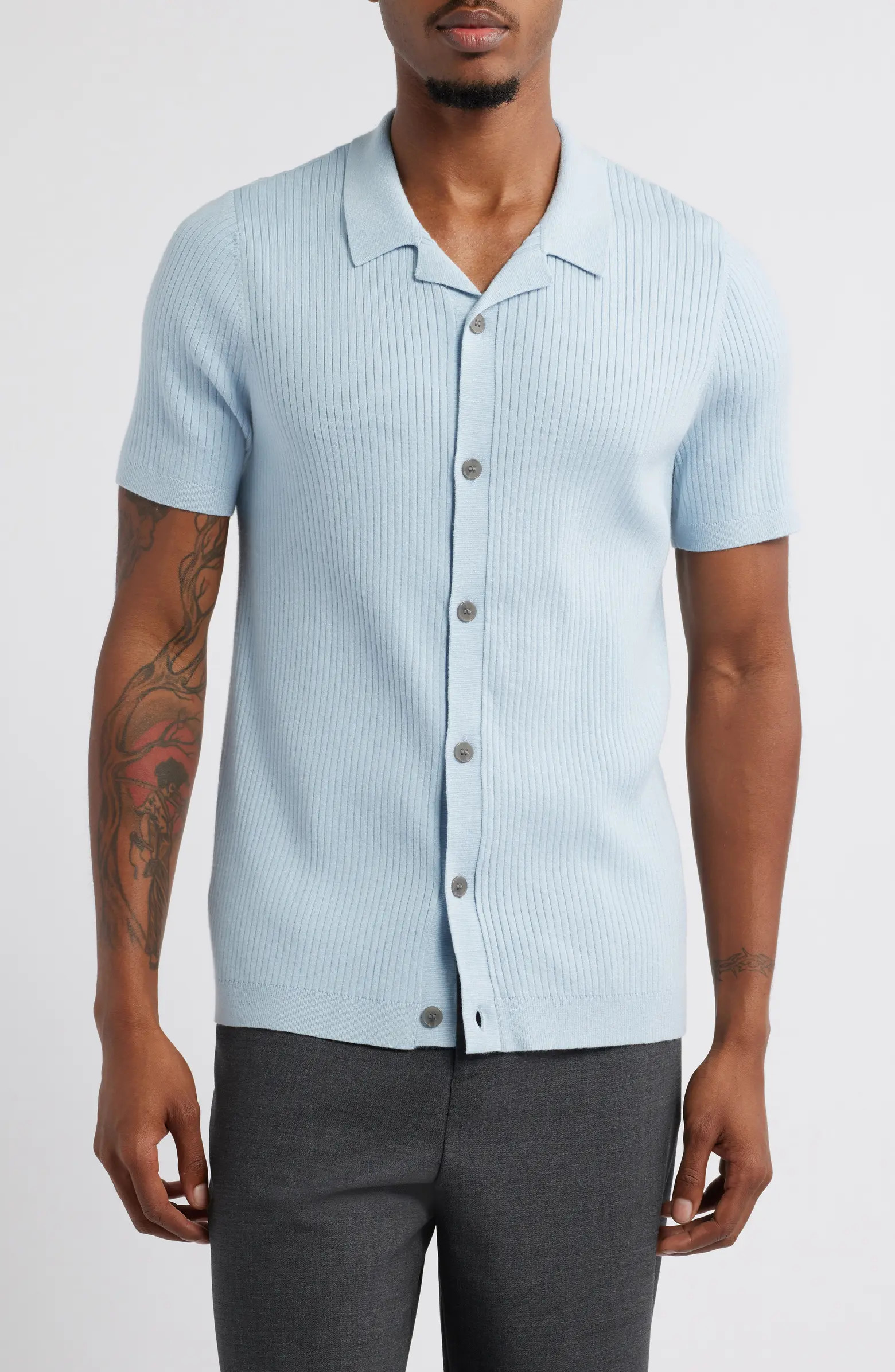 Open Edit Ribbed Short Sleeve Camp Collar Cardigan | Nordstrom | Nordstrom