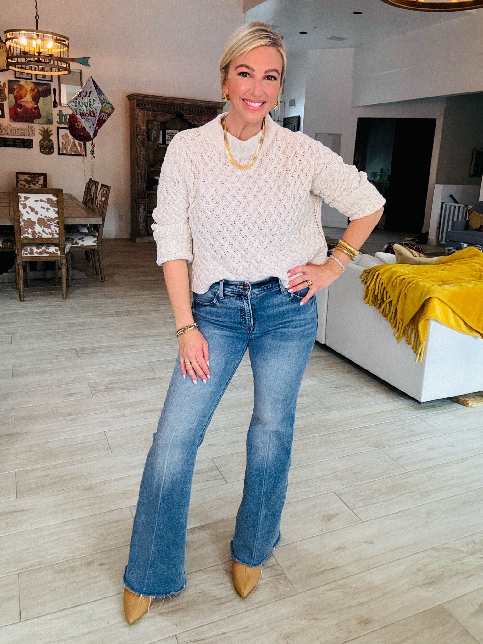 How to style an elevated look of a cable knit sweater and jeans 🍂 for Autumn palettes! Jewelry by Rad & Rae  

#LTKStyleTip #LTKOver40 #LTKMidsize
