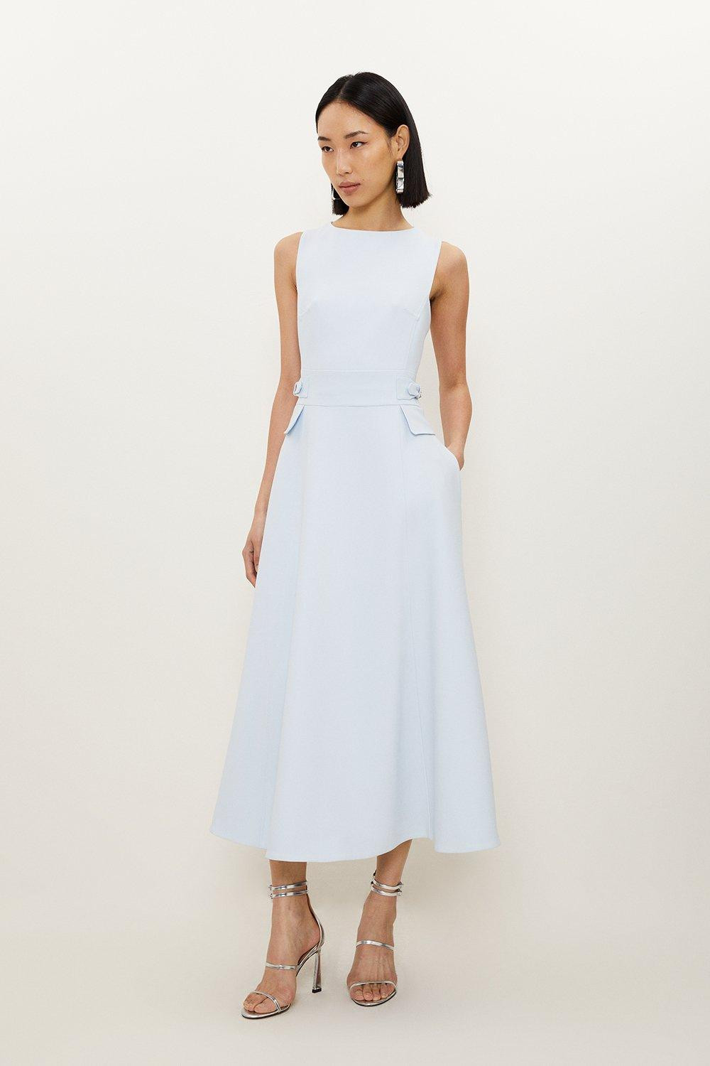 Compact Stretch Tab Waist Detail Full Skirt Midi Dress | Karen Millen US