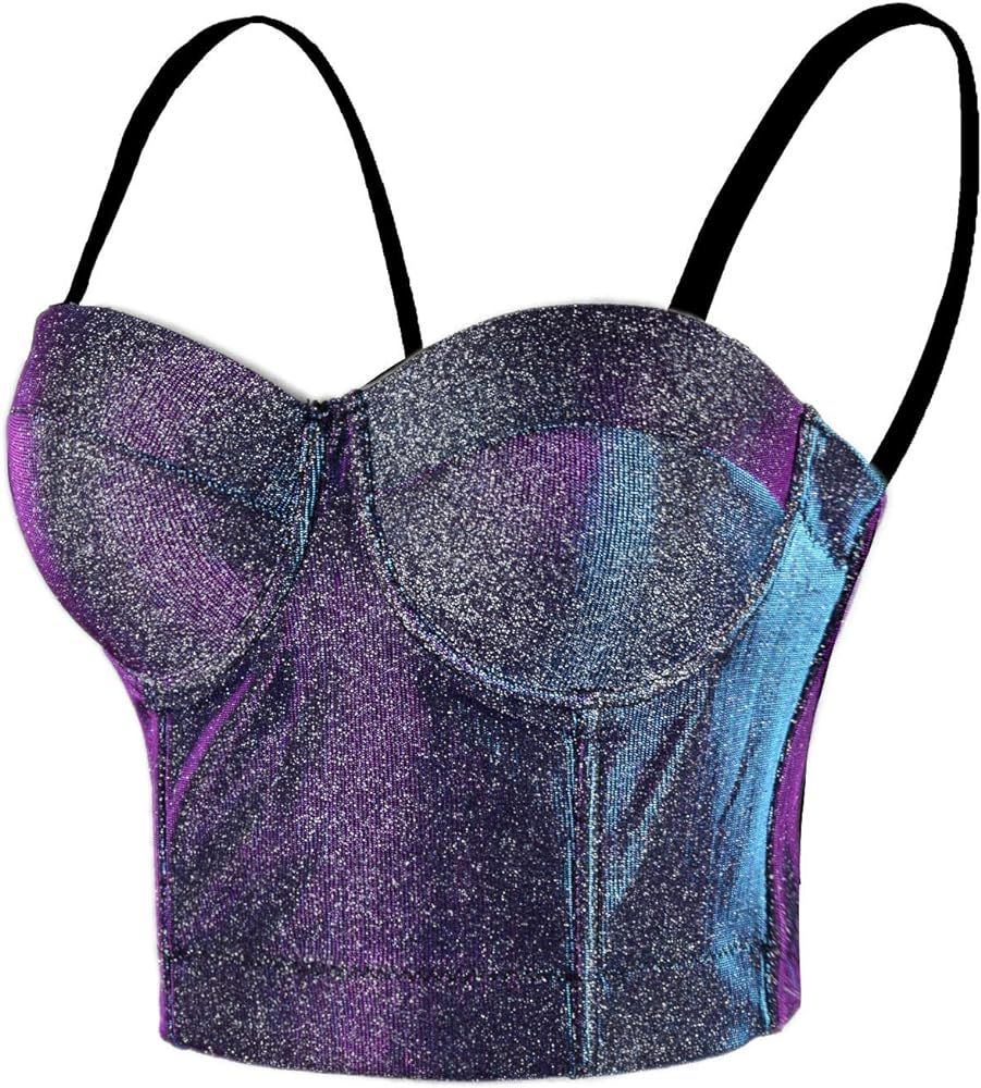 ELLACCI Women's Shiny Bustier Crop Top Sexy Prom Corset Top Bra Gradient Purple | Amazon (US)