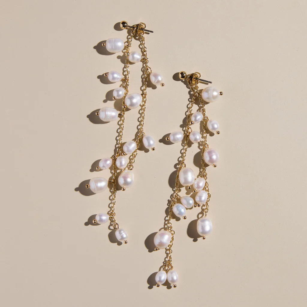 Pearl Cascade Drop Studs | Nickel and Suede