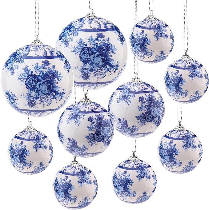 10 Pcs White Blue Christmas Chinoiserie Ornaments Ball Christmas Porcelain Plastics Balls Hanging... | Amazon (US)