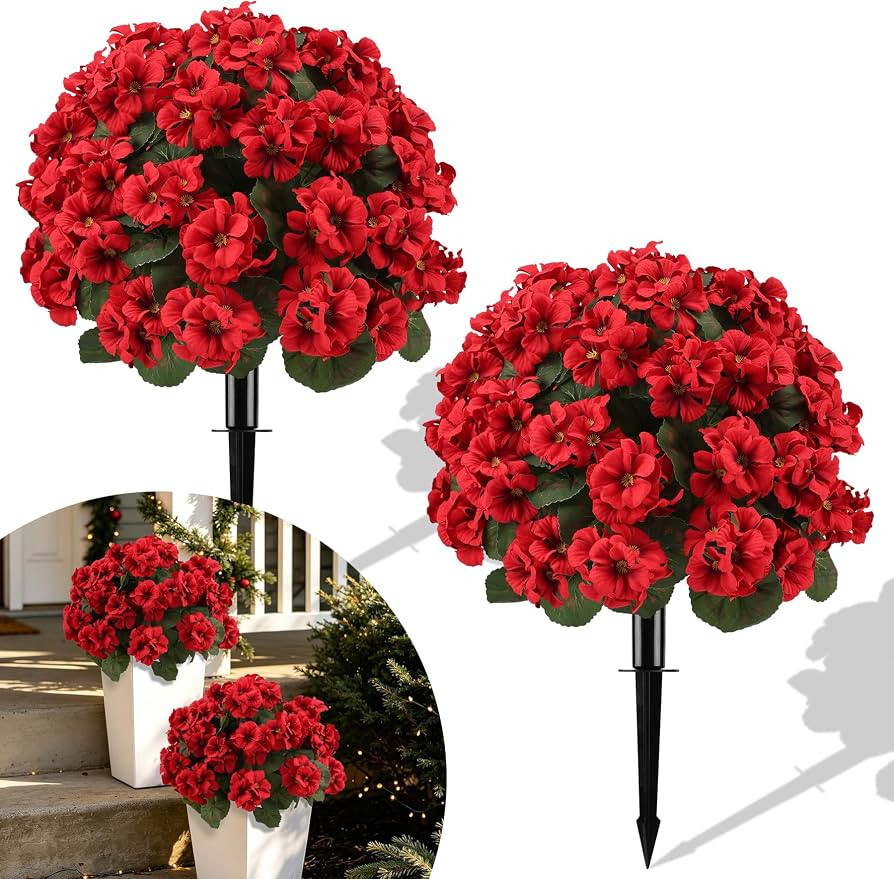 2Pcs Artificial Fall Flowers for Outdoors Fake Geranium Plant Topiary Balls | Amazon (US)
