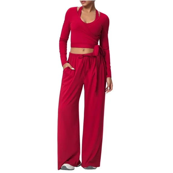 Umfun Women's Loungewear Tie Waist Regular Fit Two-Piece Set, Wrap-Design Long Sleeve Crop Top wi... | Walmart (US)