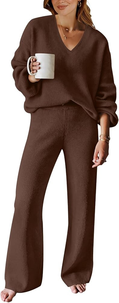 ANRABESS Women 2 Piece Outfits Sweater Lounge Sets Long Sleeve Cable Knit Pullover and Wide Leg P... | Amazon (US)