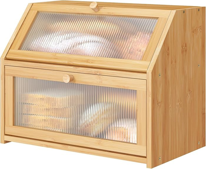 Bread Box for Kitchen Counter, Large Bamboo Wood Double Layer Bread Box, Wooden Bread Storage Cap... | Amazon (US)