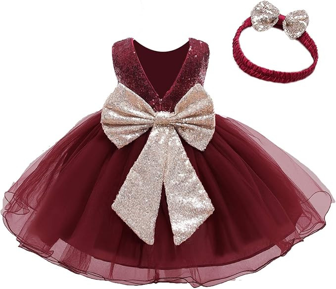 12M-6T Baby Dress Sequins Bowknot Flower Girl Dresses Lace Pageant Party Wedding Tutu Gown | Amazon (US)