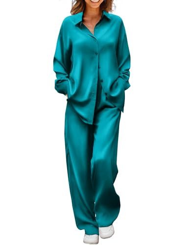 Ekouaer Womens 2 Piece Silk Satin Pajama Set Long Sleeve Lounge Sets Button Down Shirts and Pants PJs Soft Sleepwear Sets Dark Peacock Blue S | Amazon (US)
