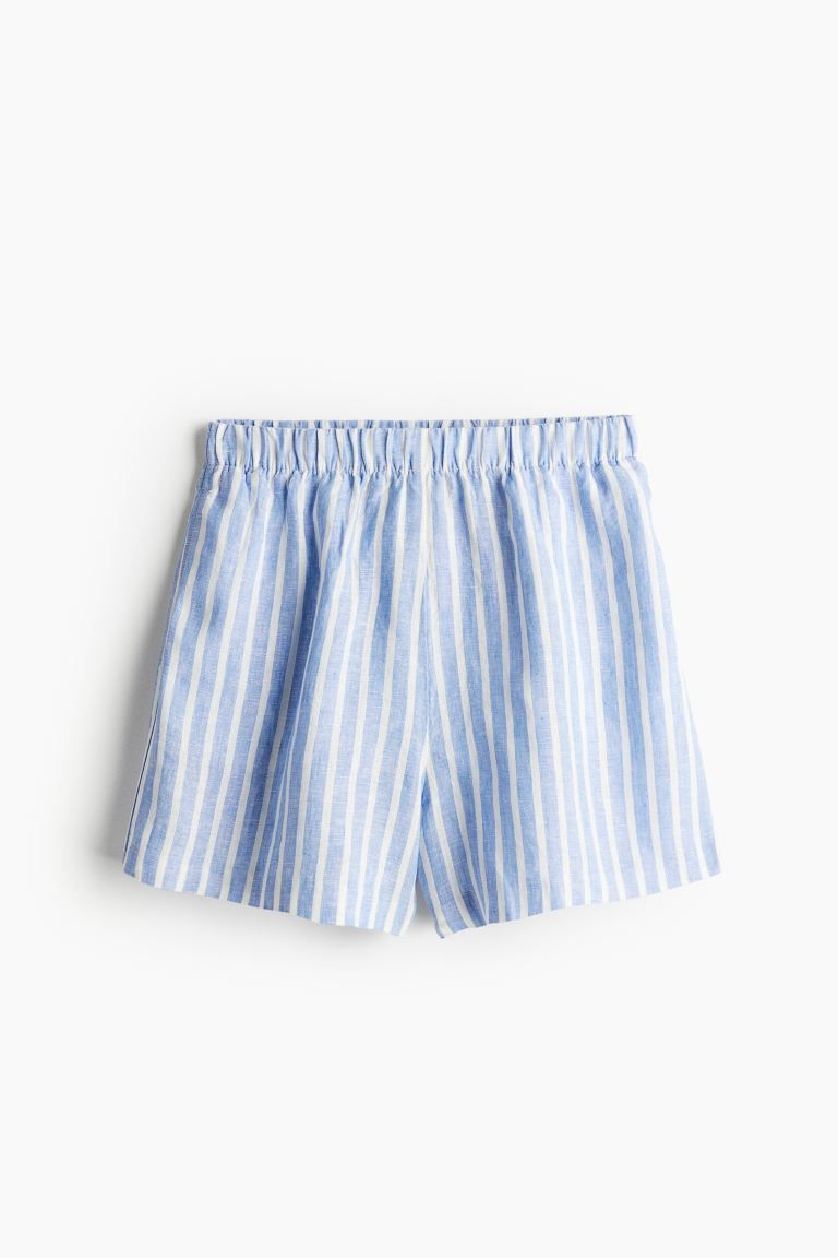 Pull-on Linen Shorts - High waist - Short - Blue/striped - Ladies | H&M US | H&M (US + CA)