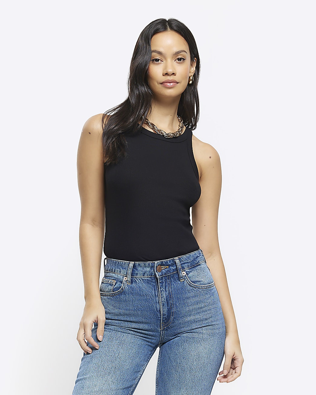 Black ribbed racer vest top | River Island (UK & IE)
