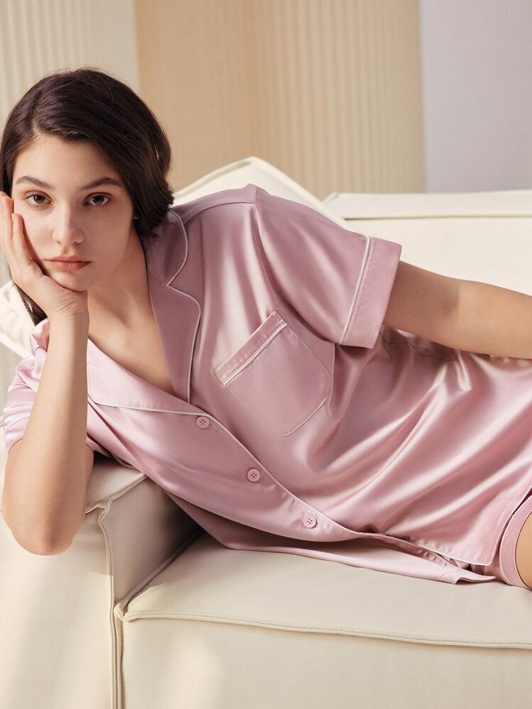 Luvlette Button Front Satin Tie Front Pajama Set | SHEIN