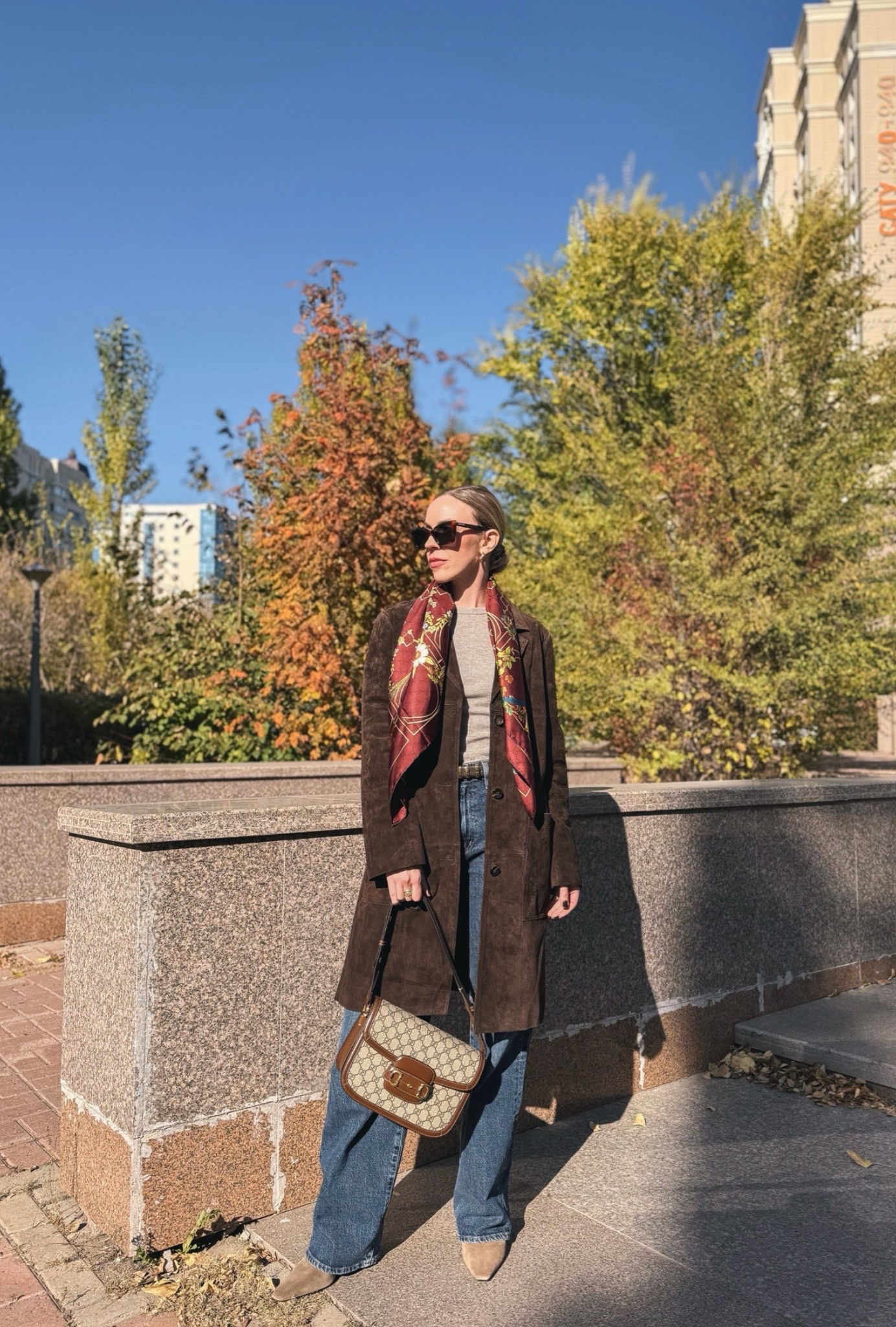 Dark brown suede coat, burgundy Gucci scarf, silk scarf fall outfit

#LTKSeasonal #LTKOver40 #LTKSaleAlert