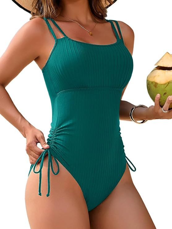 Charmo Ribbed One Piece Swimsuit Women High Cut Bathing Suit Tie Side Spaghetti Strap Modest Moni... | Amazon (US)