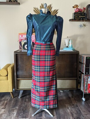 VNTG Christmas Maxi Dress Victorian High Collar Red Plaid Skirt Accordion Pleat  | eBay | eBay US