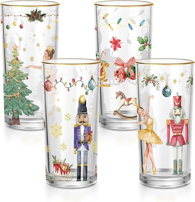 4 Pcs Christmas Highball Glasses 15oz Wonderland Gold-rimmed Whimsical Holiday Glasses Christmas ... | Amazon (US)