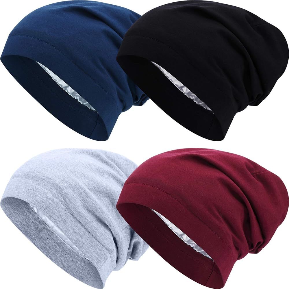 4 Pieces Satin Lined Sleep Cap Slouchy Beanie Hat Night Hair Cap for Women | Amazon (US)