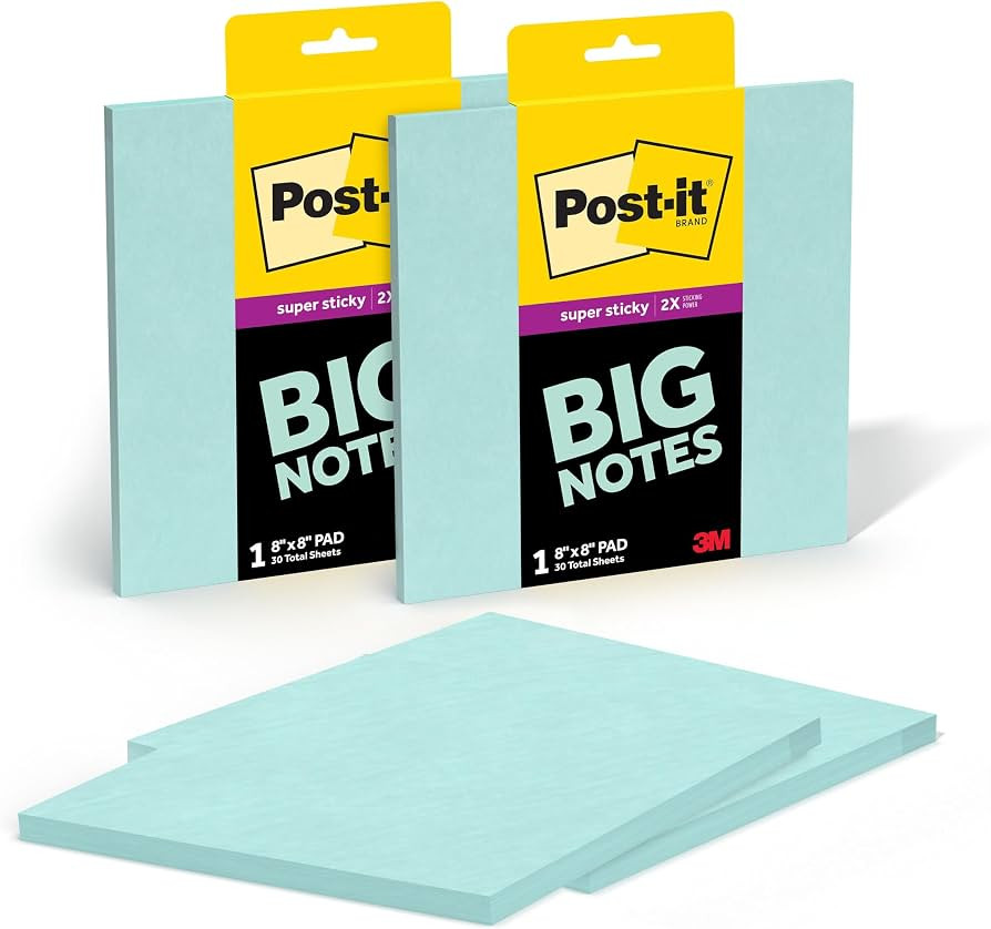 Post-it Super Sticky Big Notes, 8 in. x 8 in., Extra Large Sticky Notes in Fresh Mint, 2 Pads, 60... | Amazon (US)