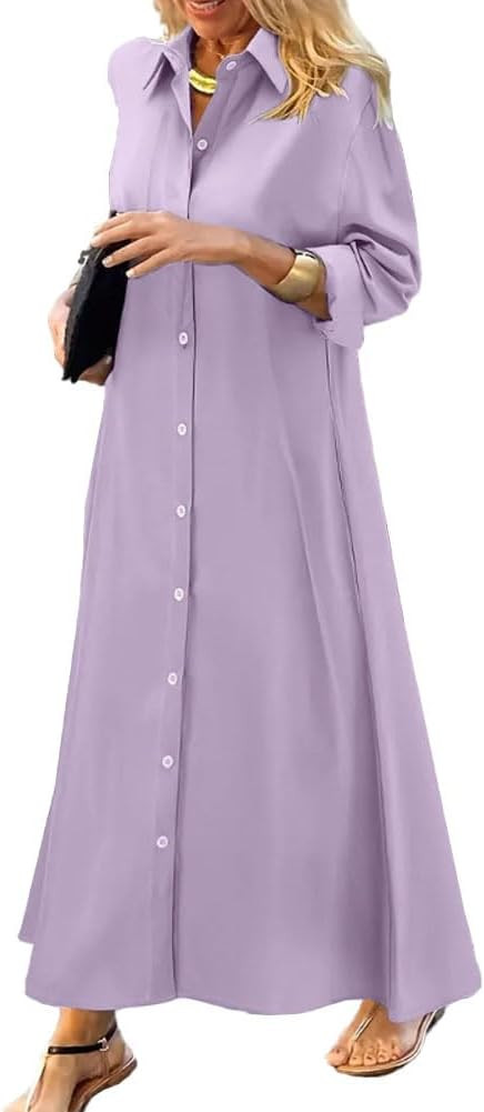 chouyatou Women's Casual Button Down Maxi Shirt Dress Long Sleeve Button Up Tunic Long Dress | Amazon (CA)