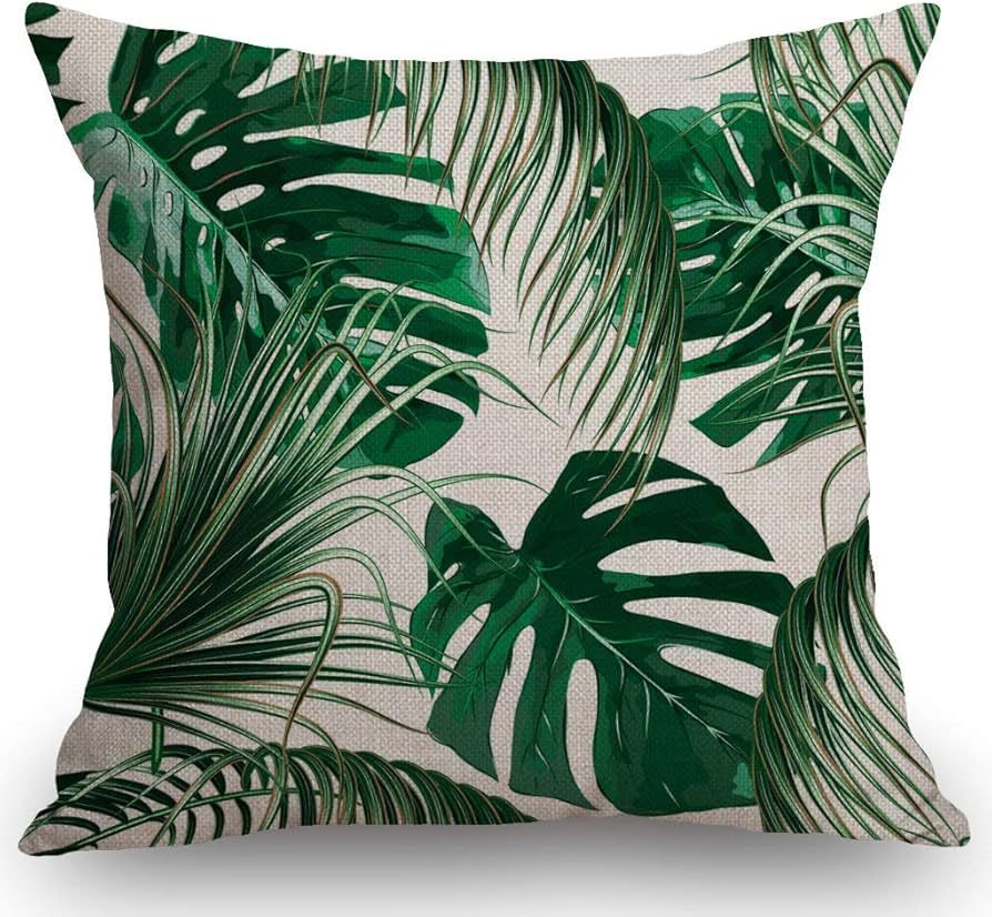 SSOIU Tropical Palm Leaves Throw Pillow Cover, Jungle Leaf Cotton Linen Square Cushion Cover Stan... | Amazon (US)