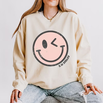 Simply Sage Market S.W.Smiley Pink Smiley Face Grunge Lightweight Garment Dyed Sweatshirt - M - Ivory | Target