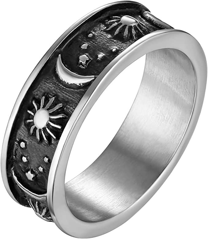 HZMAN 8mm Moon Star Sun Statement Ring Stainless Steel Boho Jewelry for Women Men | Amazon (US)